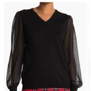 Adrianna Papell Clip Dot Sheer Long Sleeve Top Black V-Neck Women’s Size 1X